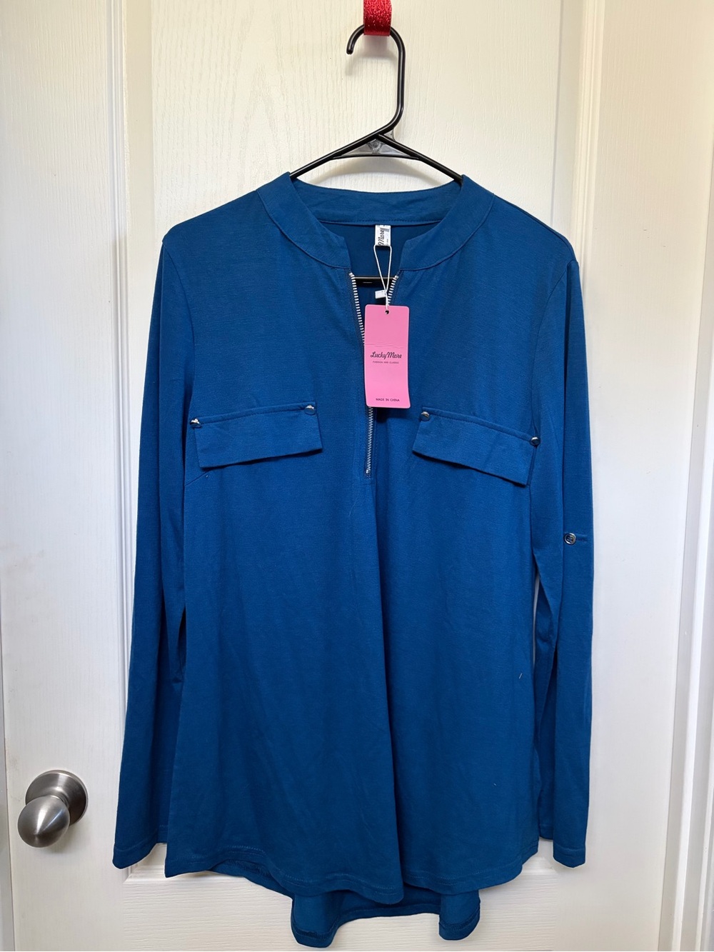 LuckyMore Brand Navy Blue Zip-Front Top